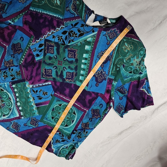 Abstract 90's Teal Purple Large Vintage Multicolor Top Shouler Pads Boxy Cropped - Picture 3 of 8